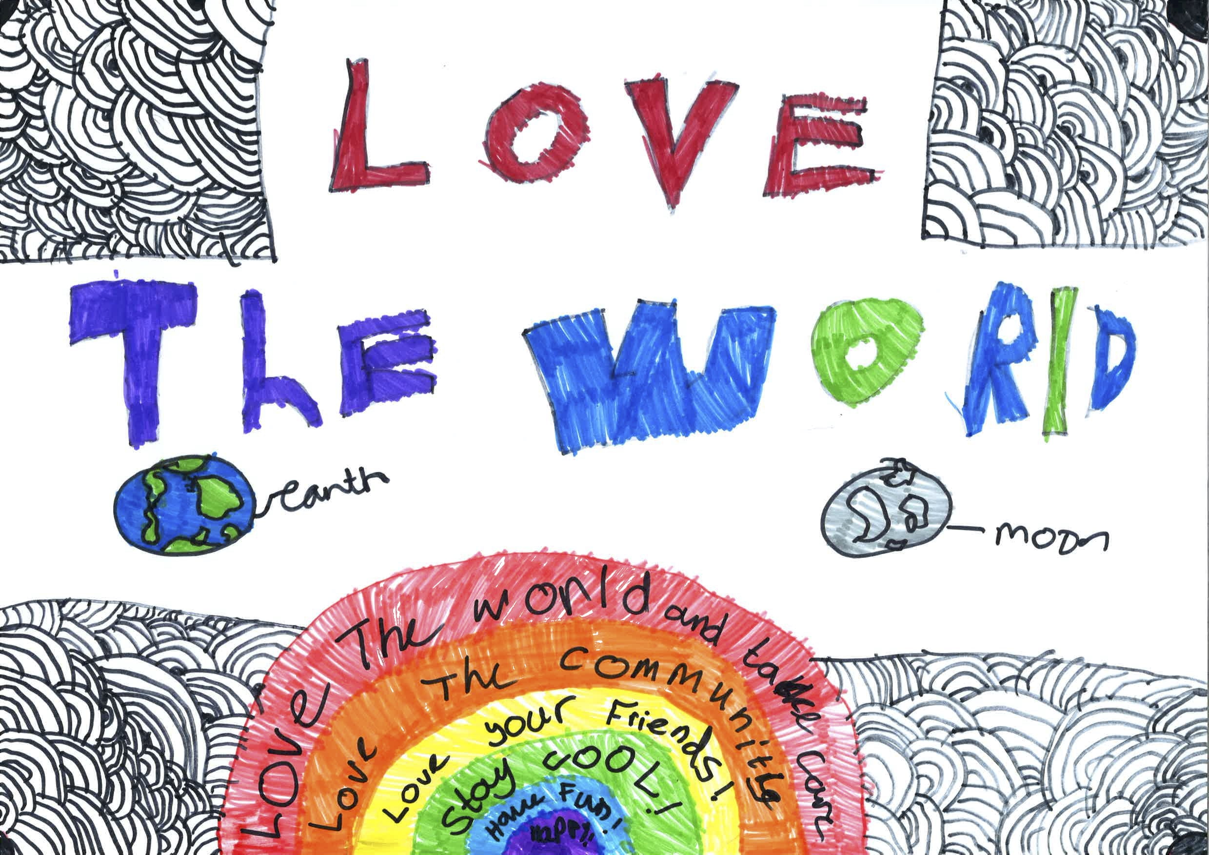 Children's drawing of a rainbow, globe, and moon, with 'Love the World' written above